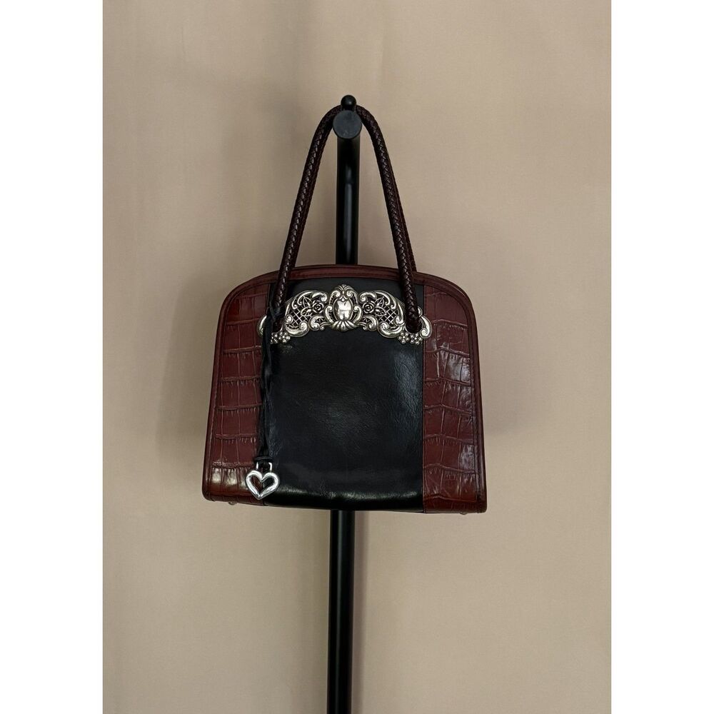 VTG Brighton Chantilly Satchel Box Handbag Black Leather Brown Croc Embossed
